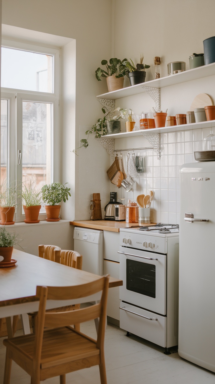 Cozy cottage kitchen with plants on shelves and window sill.