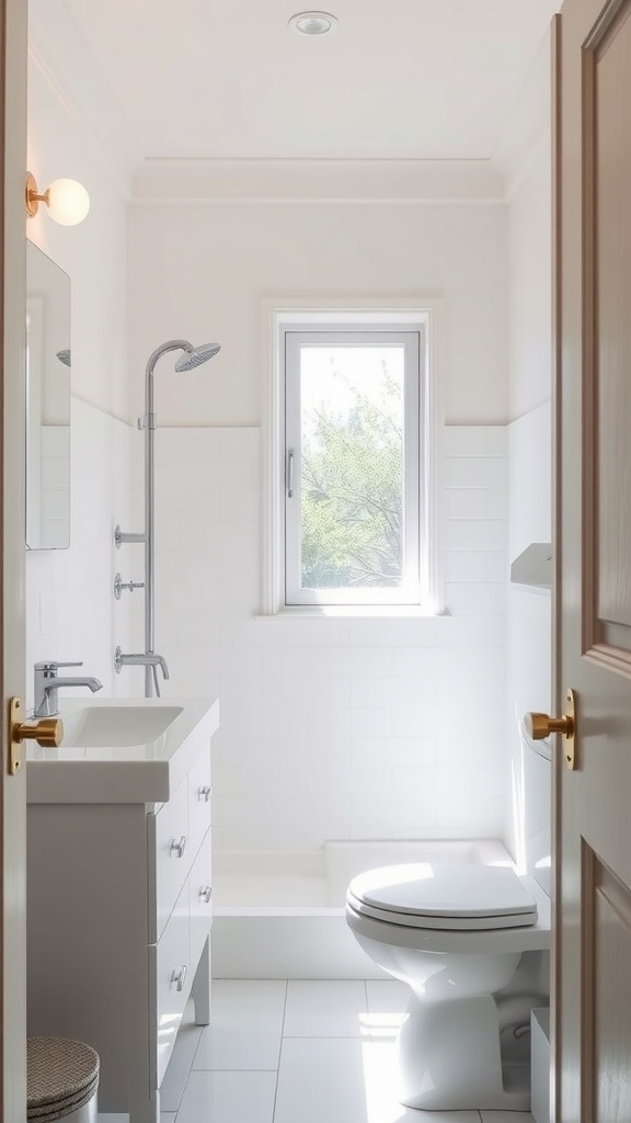 A small bathroom with light-colored walls and a touch of greenery.