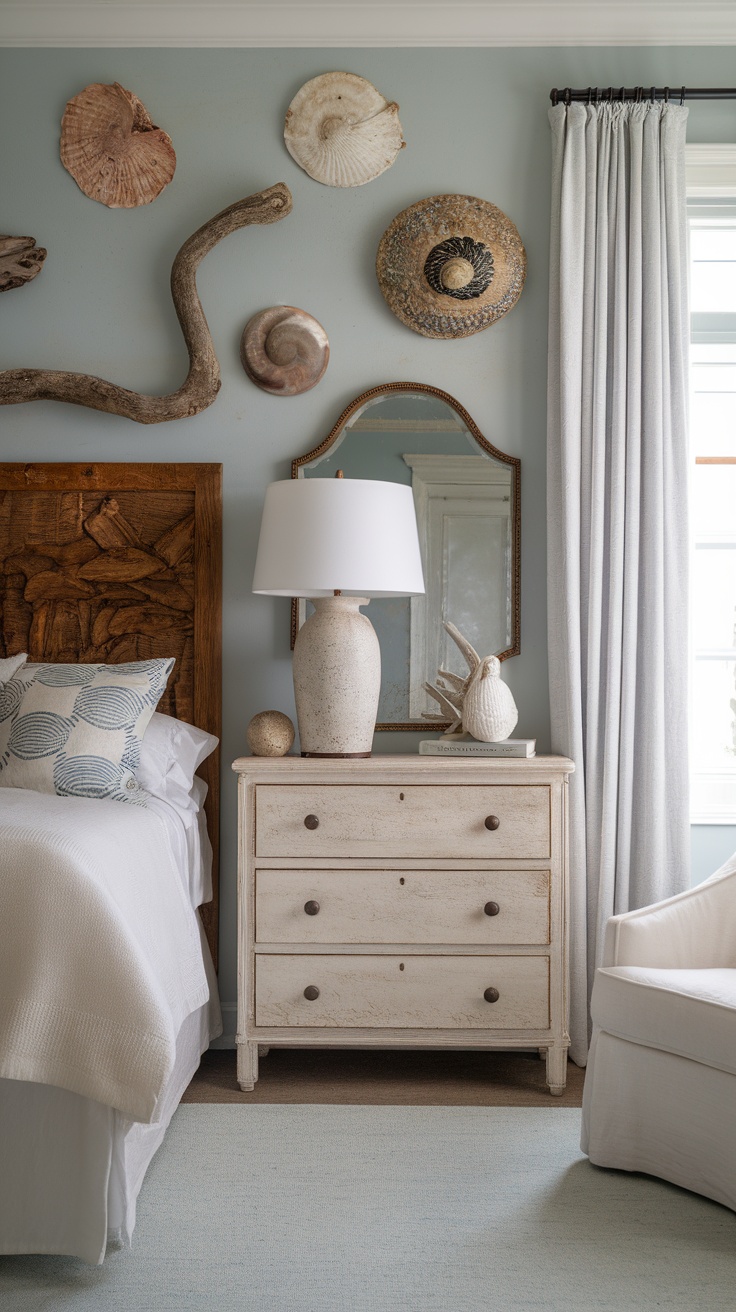 A coastal cottage bedroom featuring natural decor and local artisan elements.