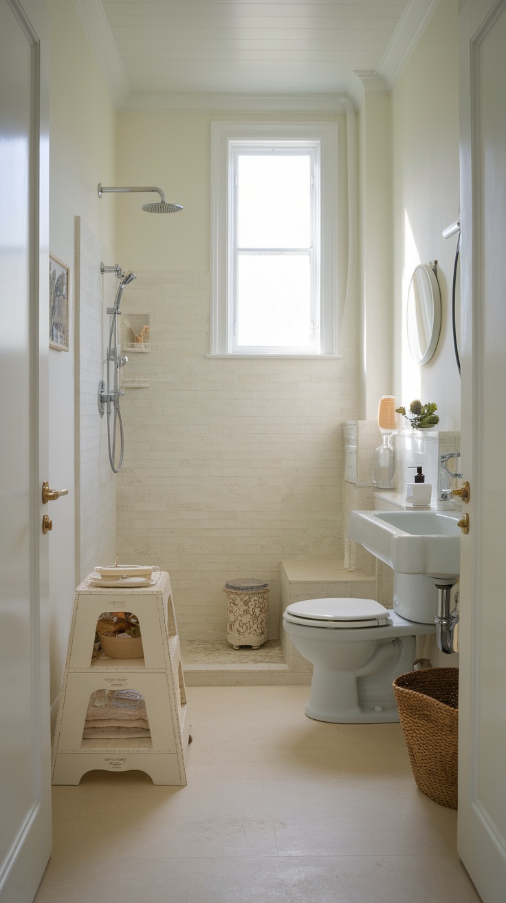 A small bathroom featuring a multifunctional step stool for storage.