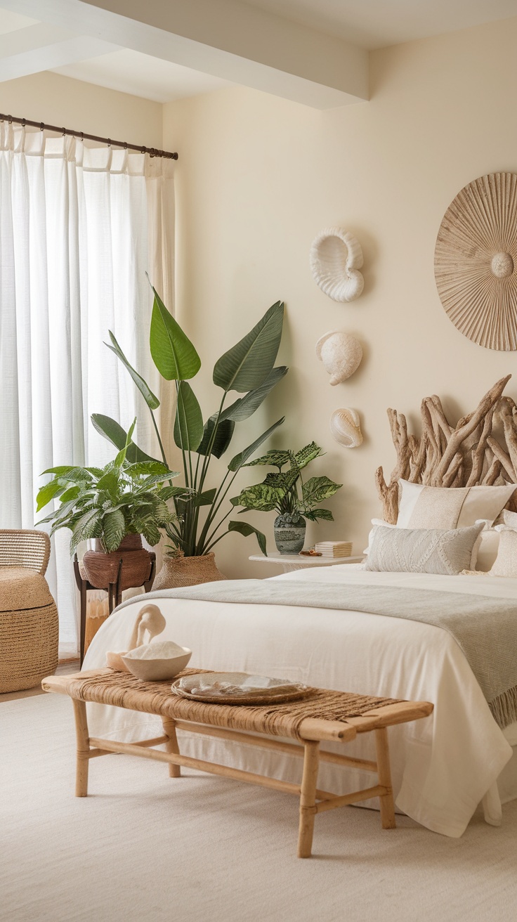 A serene boho bedroom featuring natural elements like plants and driftwood.