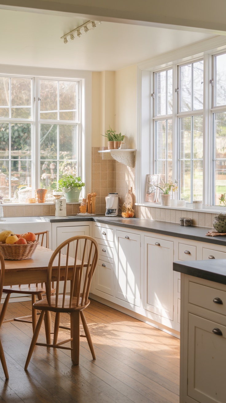 Bright and airy tiny cottage kitchen with large windows and plants