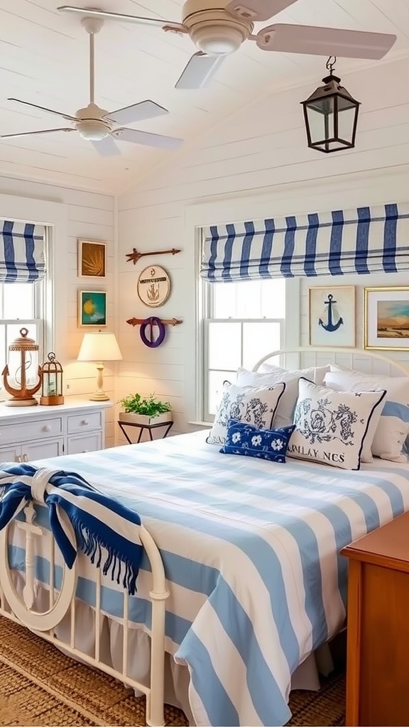 Coastal cottage bedroom with nautical elements like ropes and lanterns