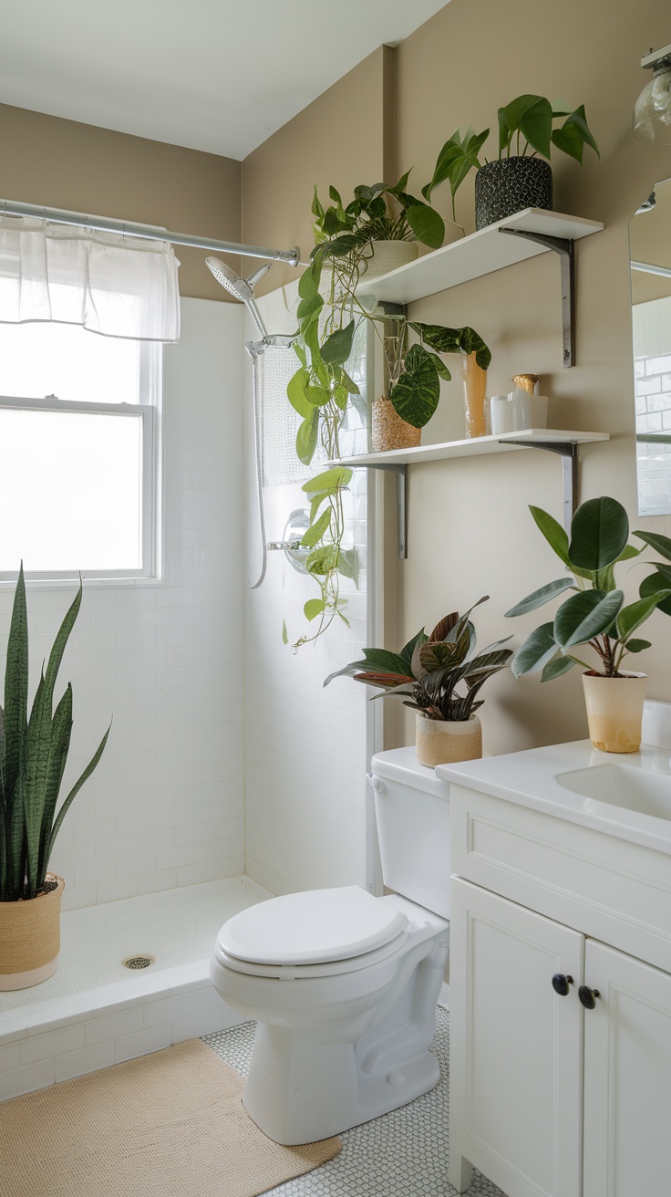 Small bathroom with plants placed on shelves and the floor, creating a fresh atmosphere.