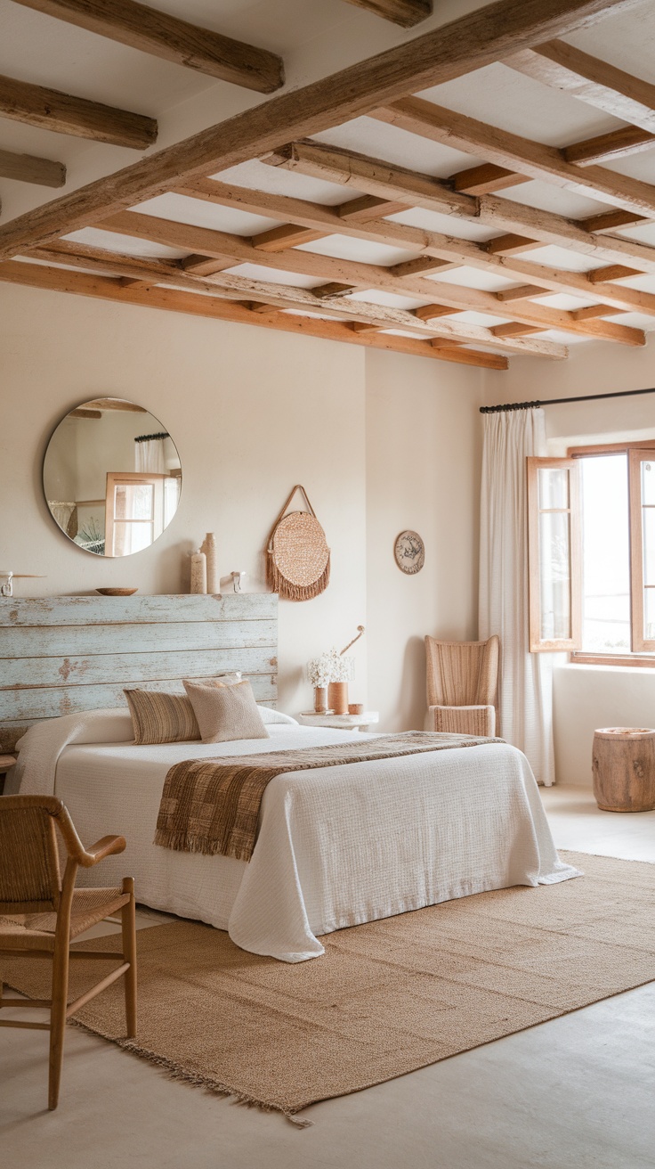 A cozy boho coastal bedroom featuring rustic elements like wooden beams, a woven chair, and natural fibers.