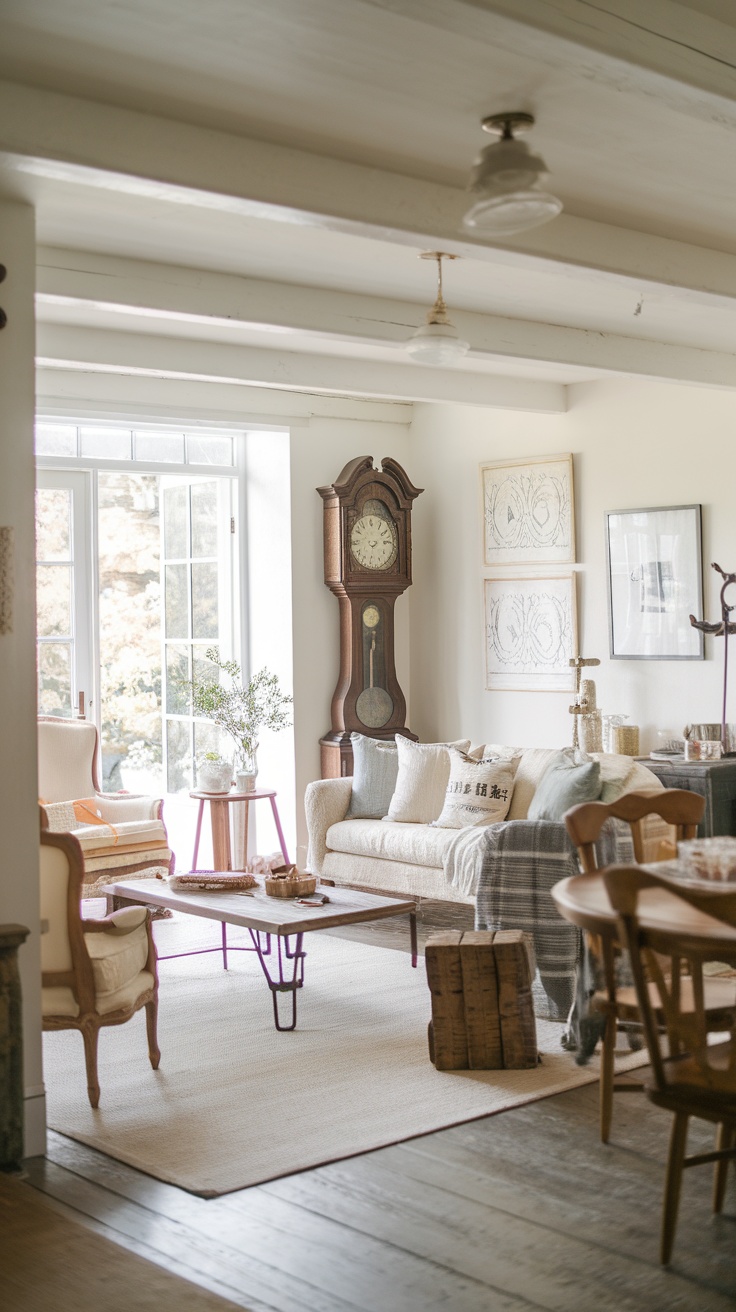 A cozy living room featuring vintage decor elements like an antique clock and comfortable seating.