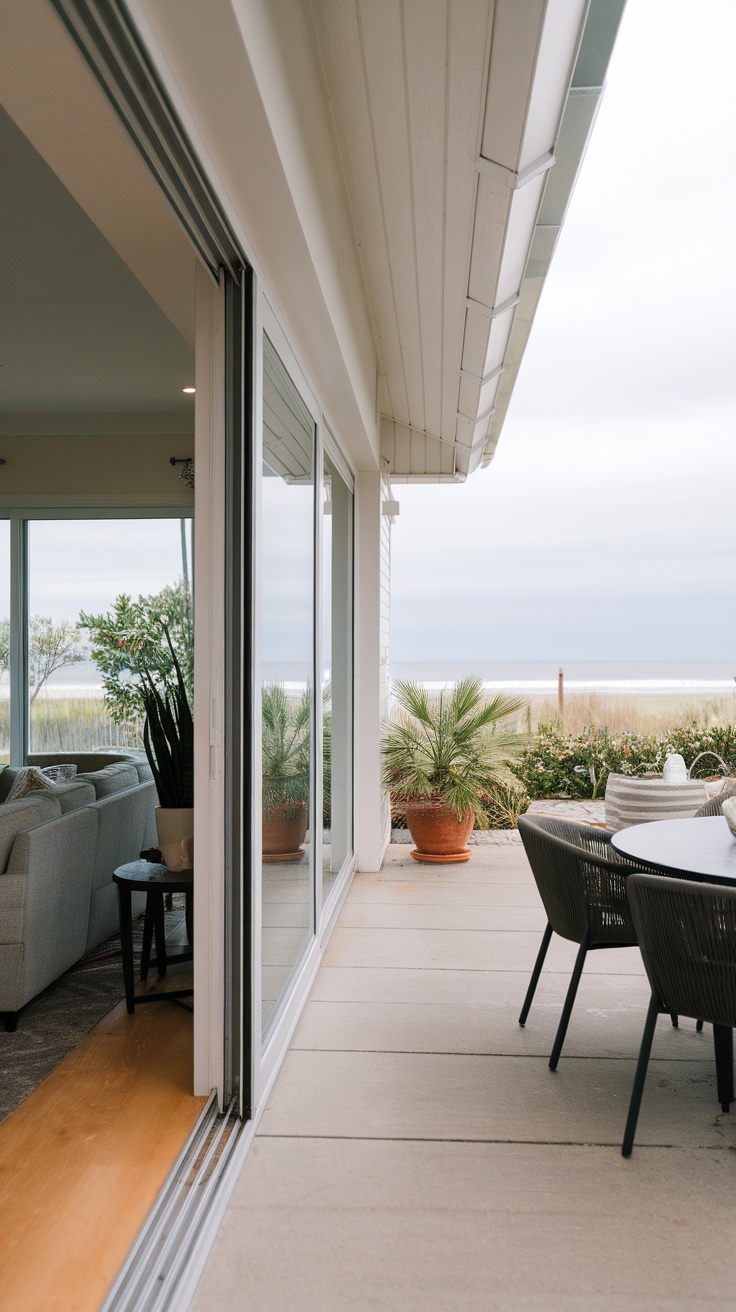 View of a modern coastal home with sliding doors open to an outdoor patio.