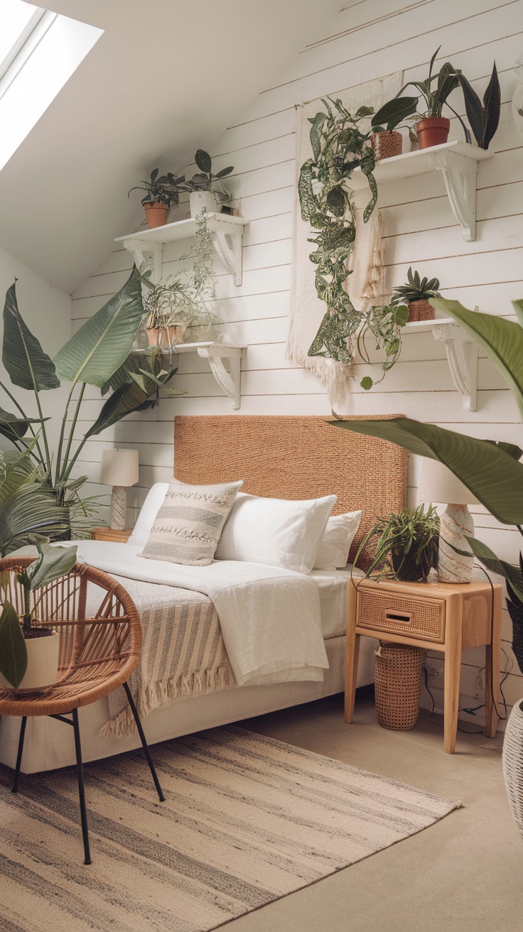 Boho coastal bedroom with indoor plants and greenery