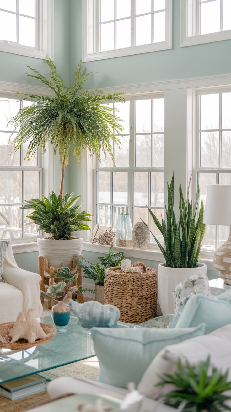 Cozy coastal living room with various indoor plants and natural light.