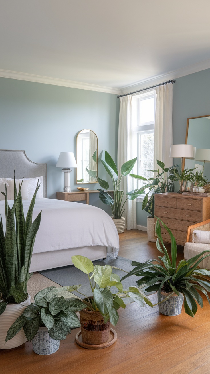 Coastal cottage bedroom with various indoor plants.