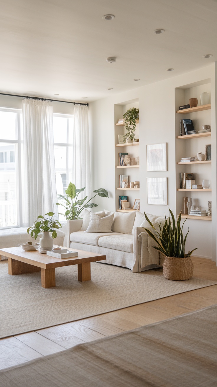 A modern coastal living room with open shelving and a cozy couch