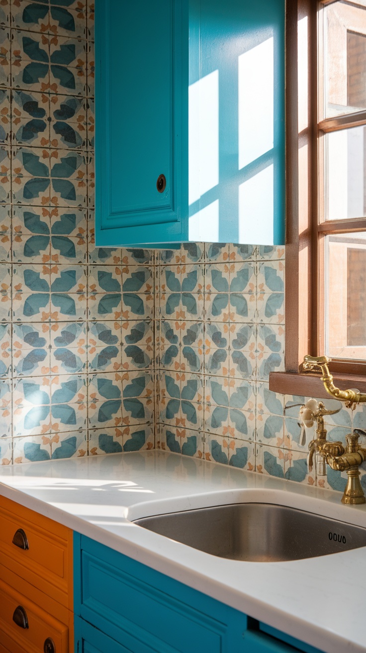 A bright and colorful tiny cottage kitchen with blue cabinets and orange drawers against a patterned tiled backsplash.