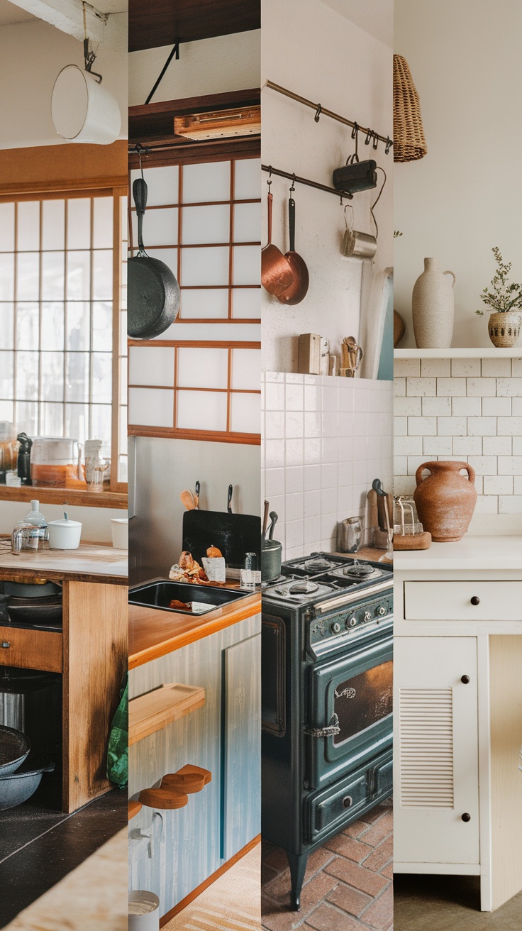 A collage of various tiny kitchen designs featuring unique cabinetry and open shelving.