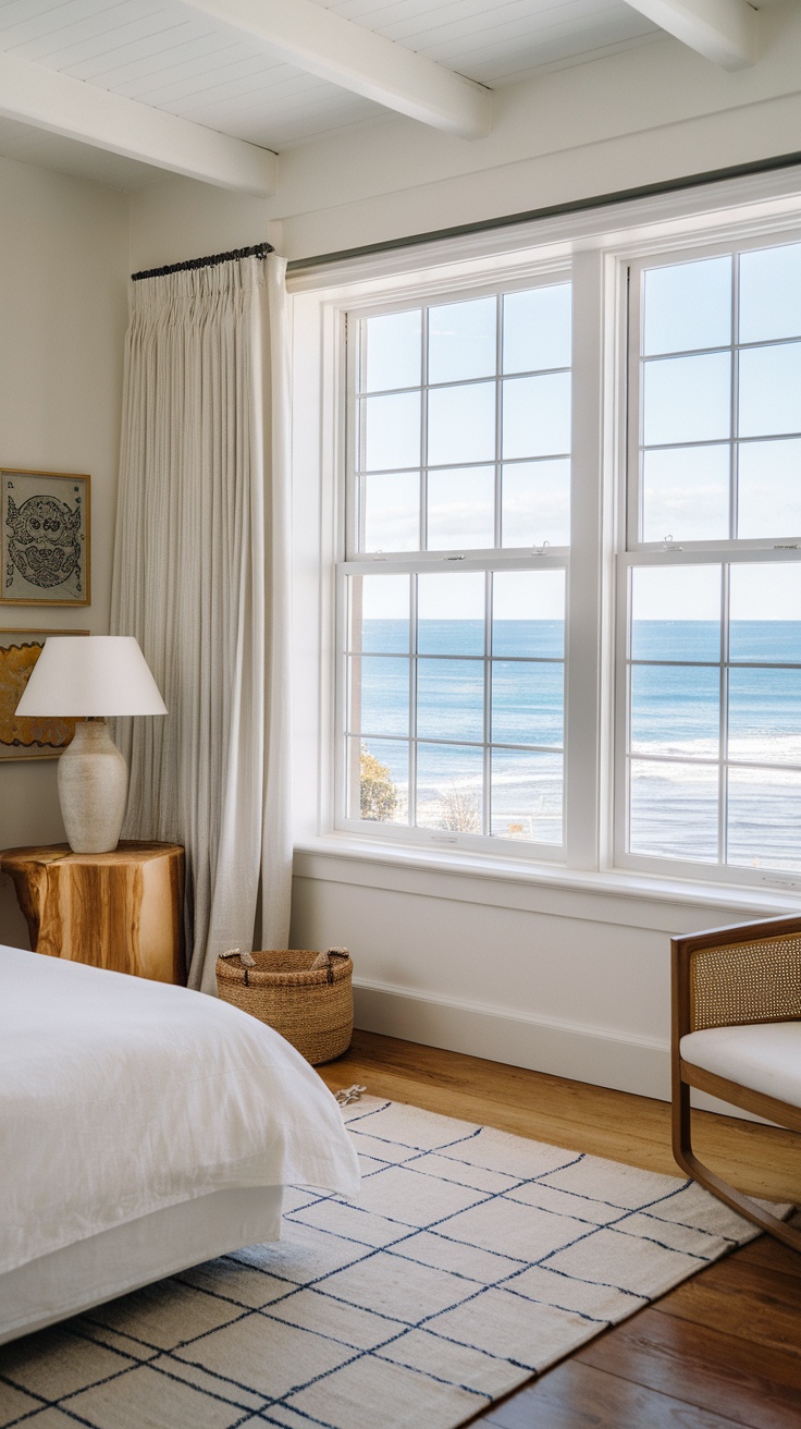 Coastal cottage bedroom with large windows overlooking the ocean.