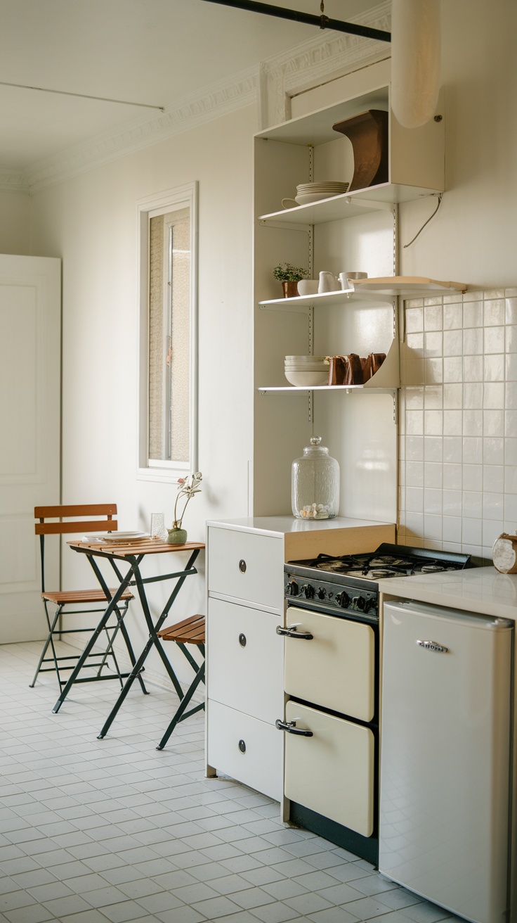 A tiny cottage kitchen featuring a small dining area with a table and chairs, integrated with the cooking space.