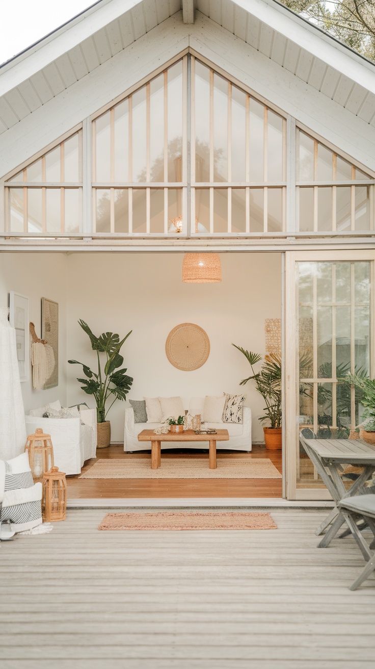 A beach cottage interior with large windows showcasing a cozy living space and outdoor elements.