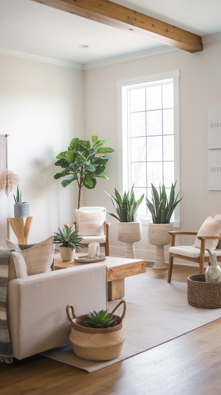 A cozy living room featuring various indoor plants, including a tall tree and smaller plants in decorative pots, creating a fresh ambiance.