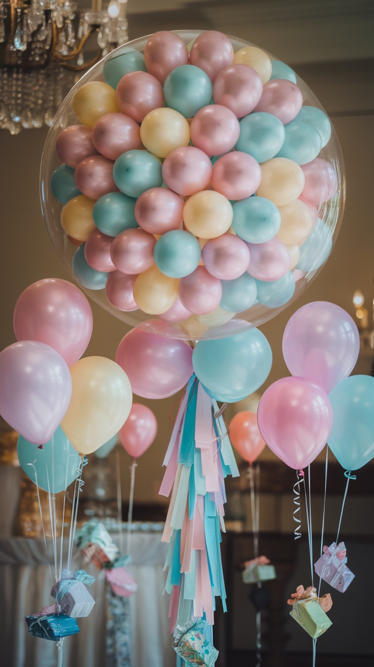 Colorful balloon centerpiece with gifts and hanging decor.