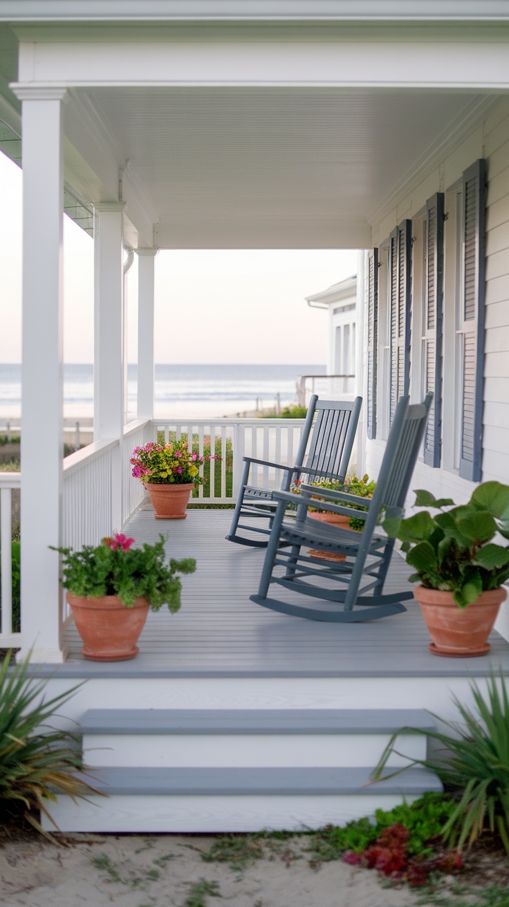 A cozy beach cottage porch with rocking chairs and potted plants.