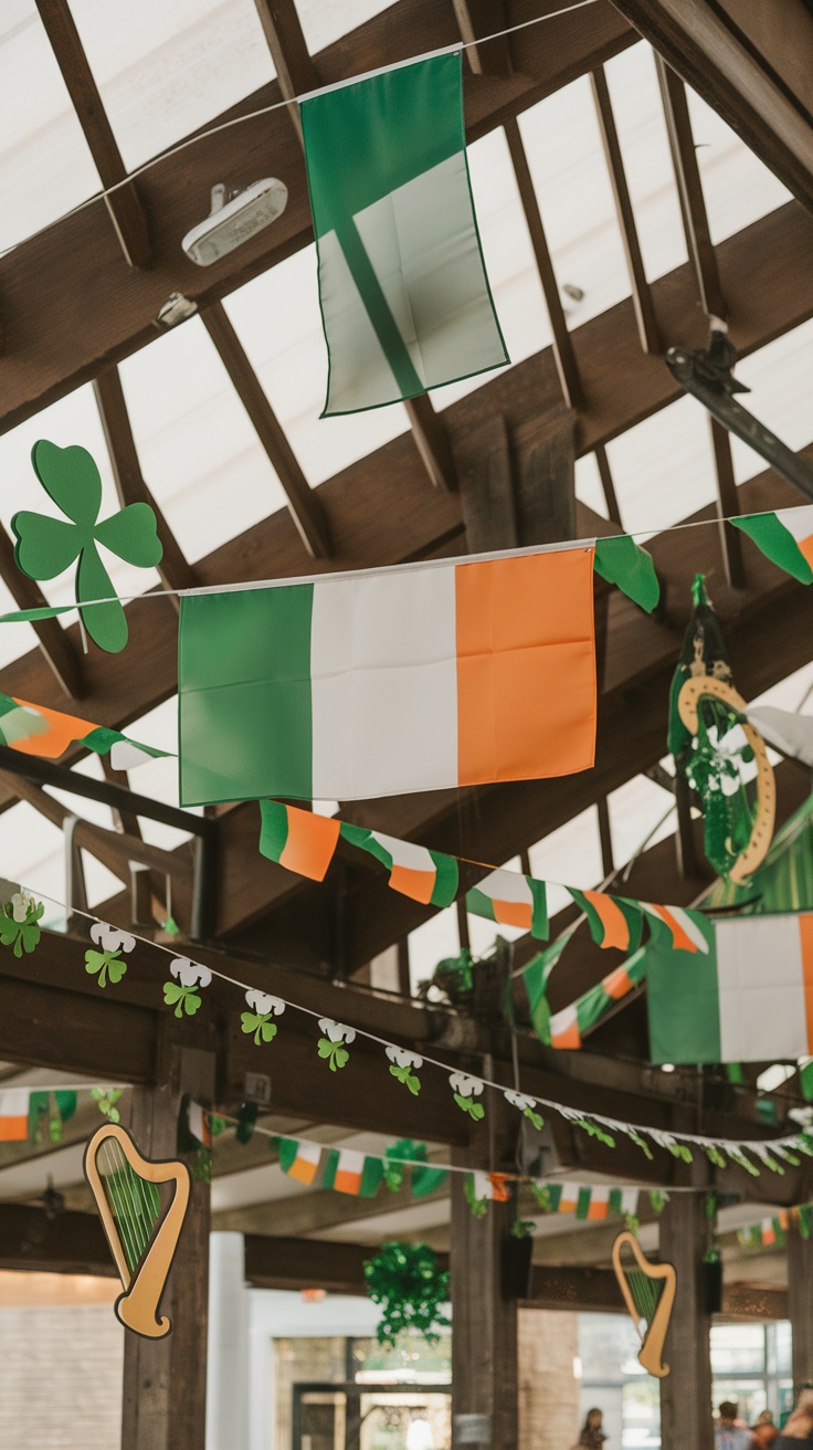 Colorful Irish flag banners hanging in a decorated space for St. Patrick's Day.