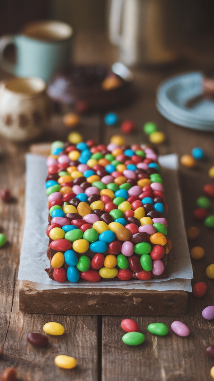 A colorful jelly bean bark covered in assorted jelly beans on a wooden table.