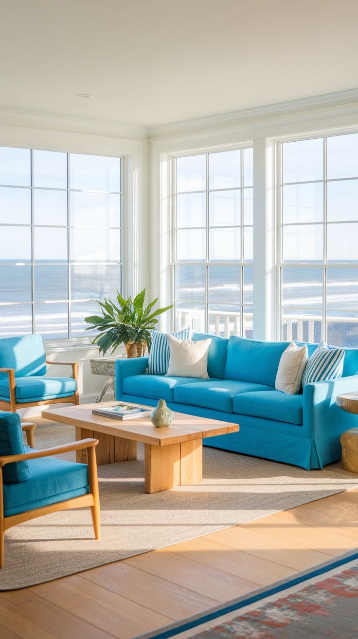 A bright living room with large windows overlooking the ocean, featuring blue sofas and a wooden coffee table.