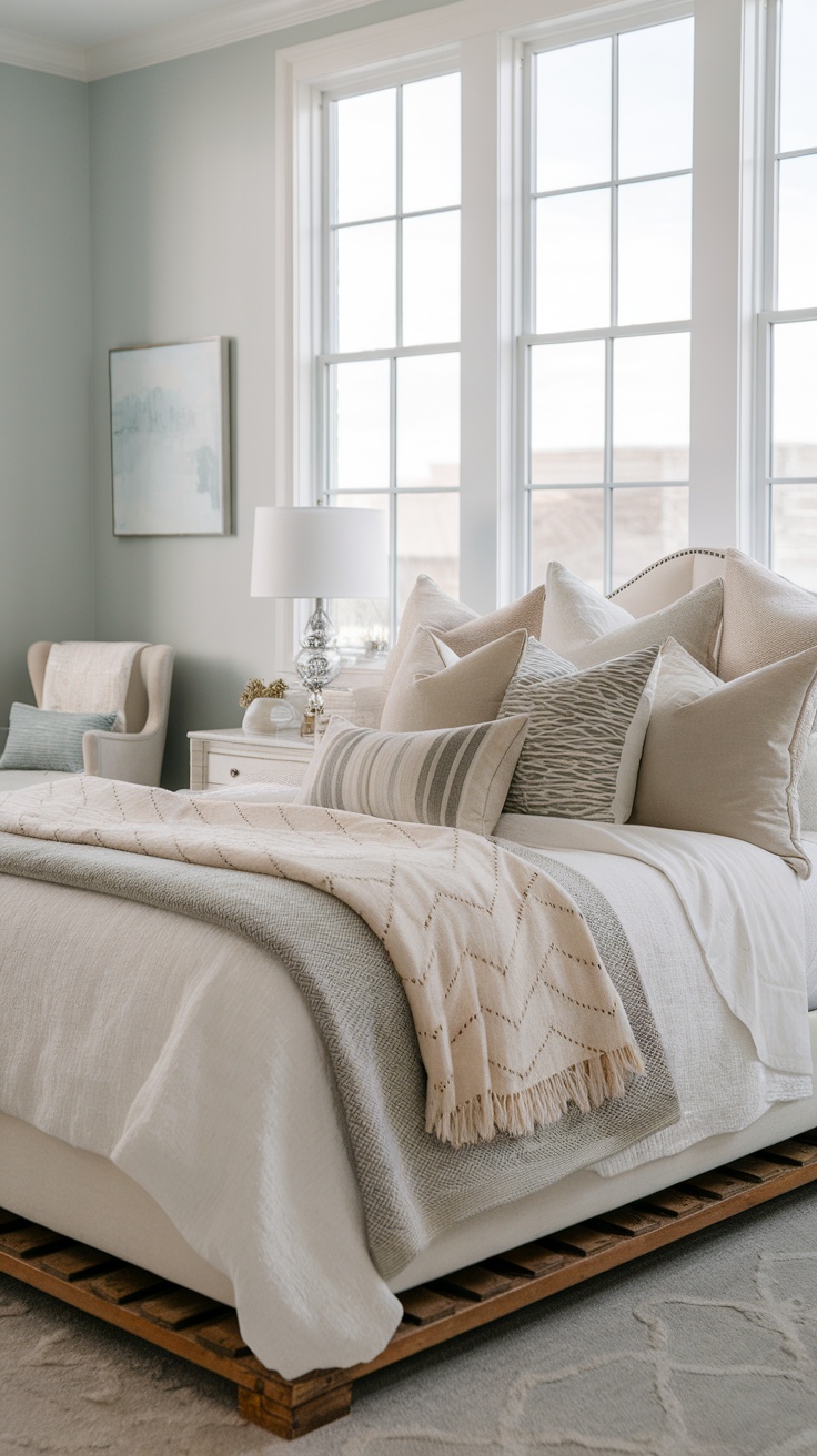 A cozy boho coastal bedroom with layered bedding and decorative pillows.