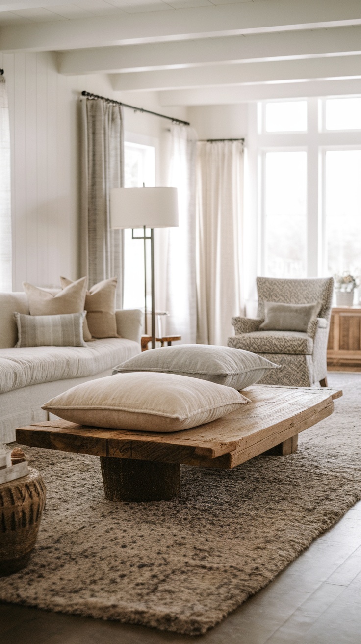 A cozy modern farmhouse living room with a wooden coffee table, soft pillows, and a plush rug.