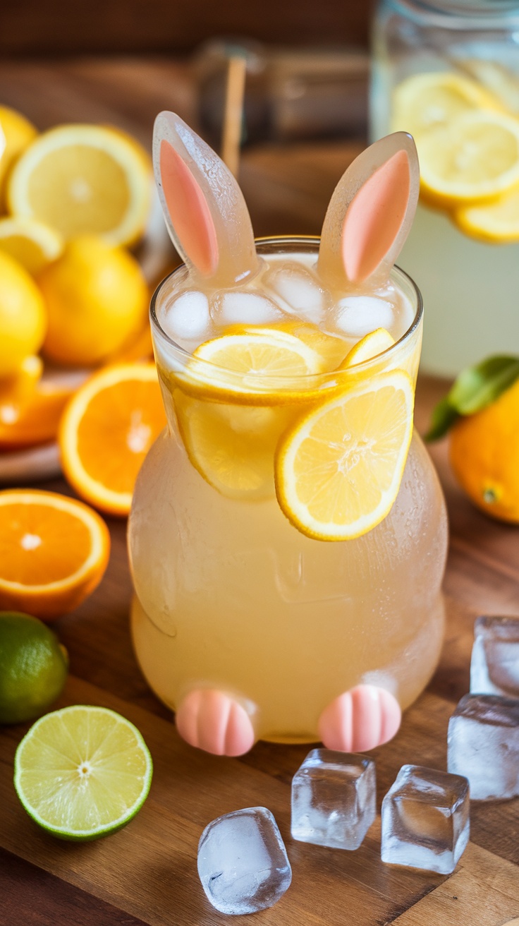 A cute bunny-shaped glass filled with lemonade, garnished with lemon slices and surrounded by fresh citrus fruits and ice cubes.