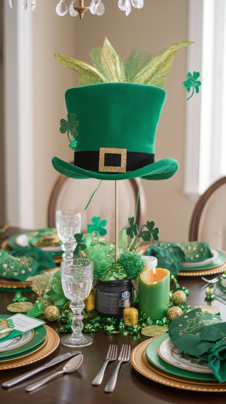 A festive table setting featuring a large green Leprechaun hat centerpiece, decorated with gold accents and shamrock ornaments.