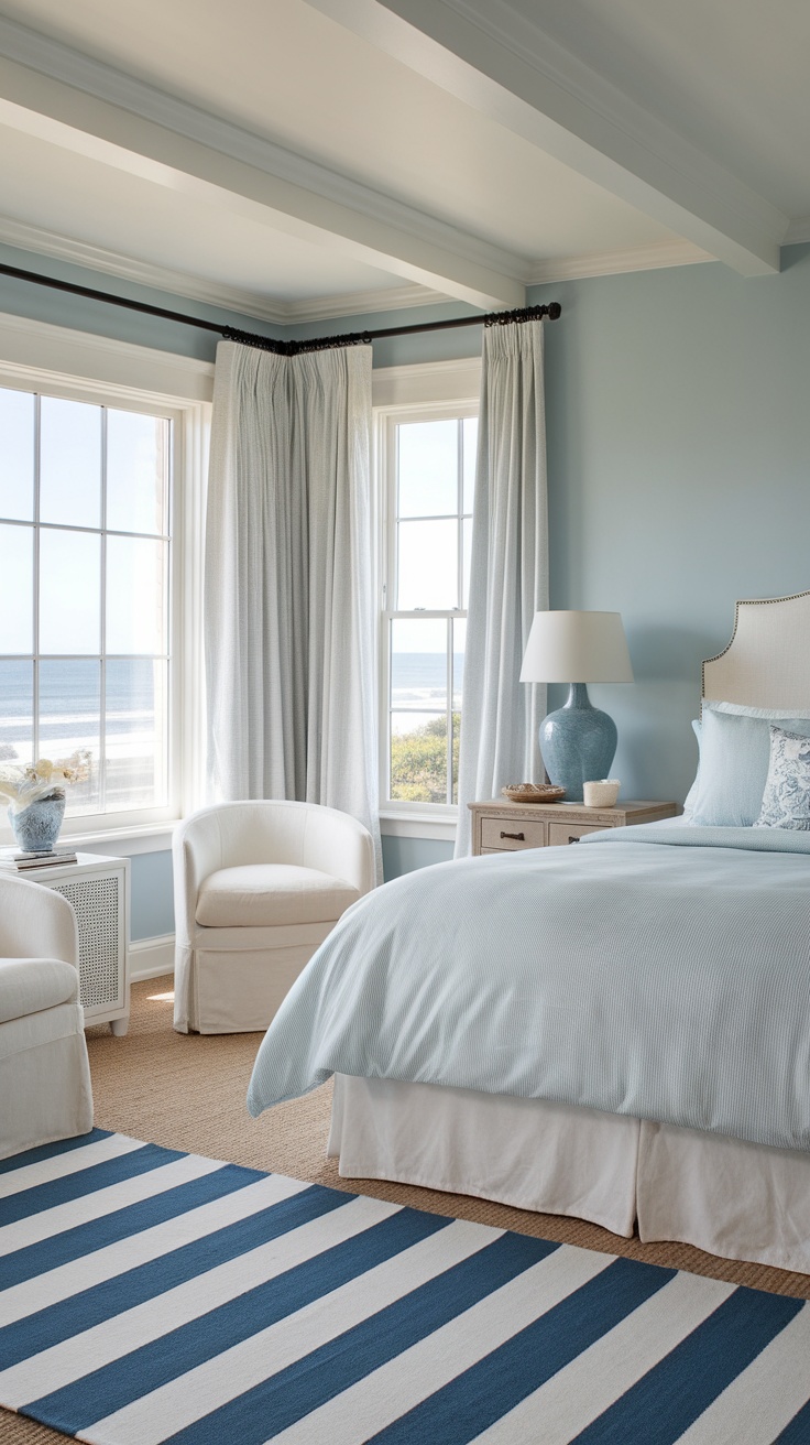 Coastal cottage bedroom featuring light blue walls and white furnishings