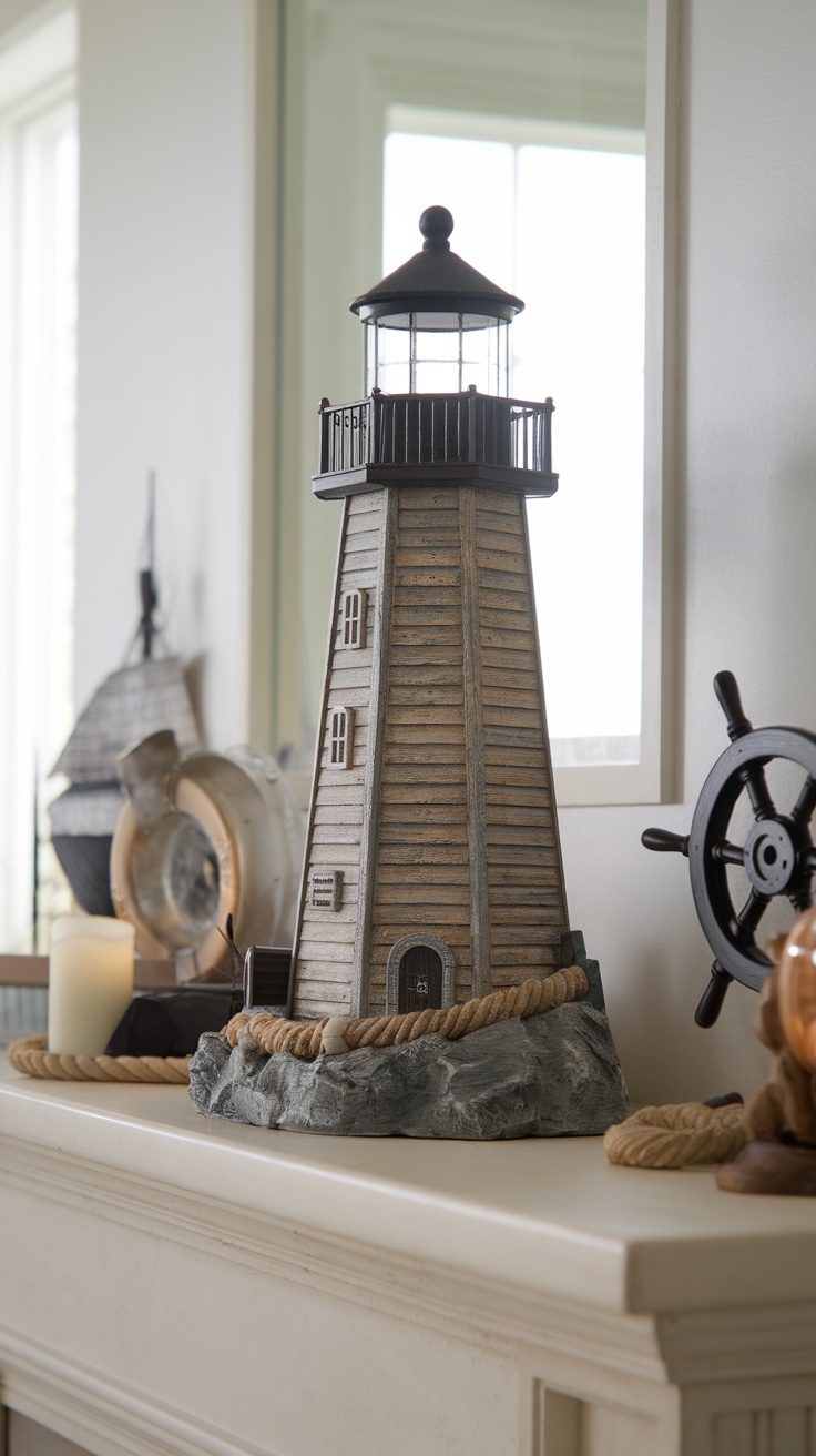 A decorative lighthouse accent placed on a shelf, surrounded by nautical-themed items.