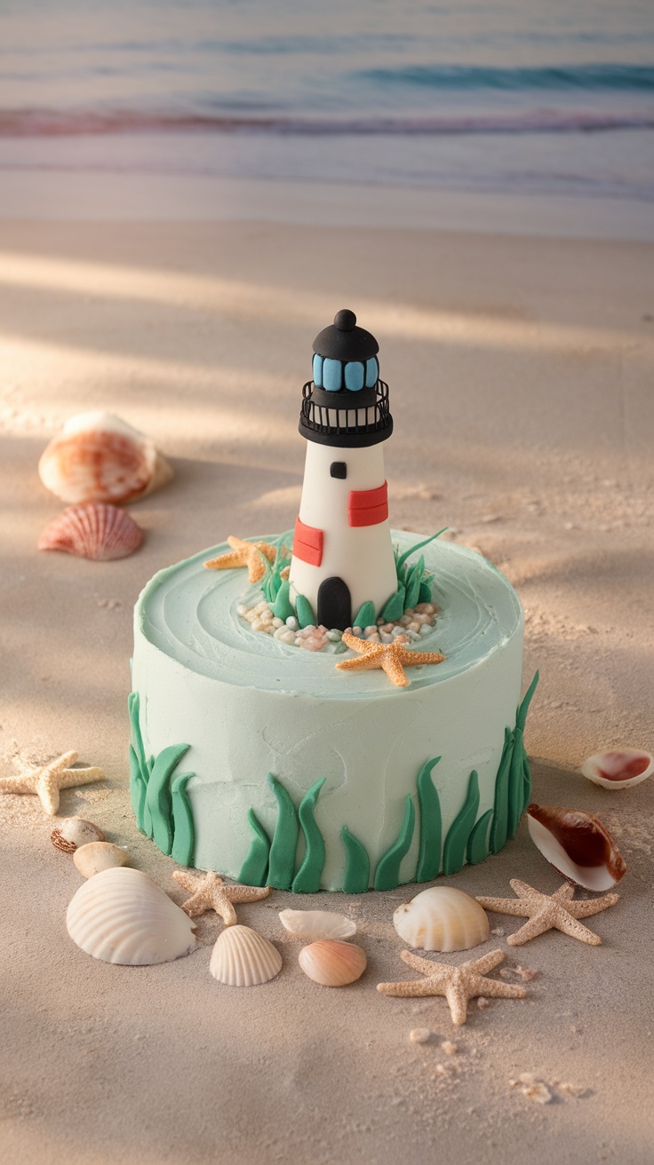 A beach themed cake with a lighthouse decoration, surrounded by seashells and starfish on a sandy surface.