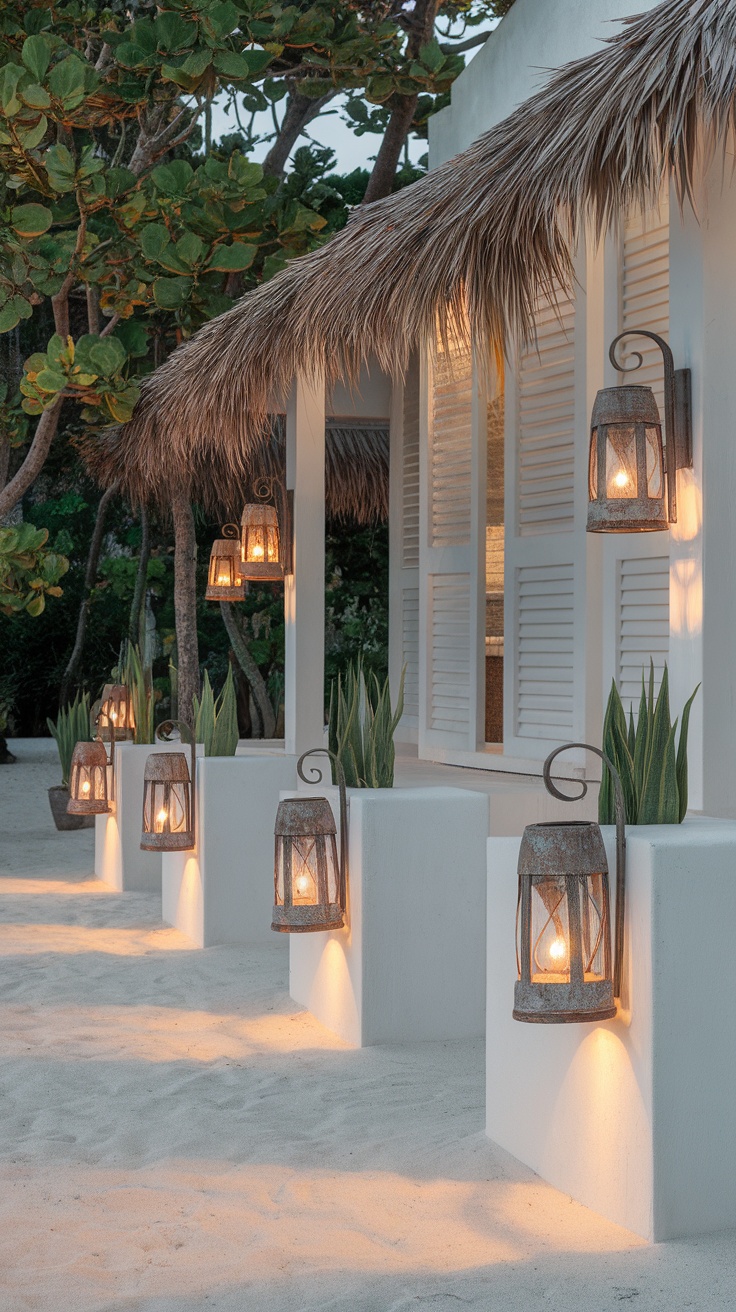 Beach cottage exterior with rustic lanterns illuminating the pathway.