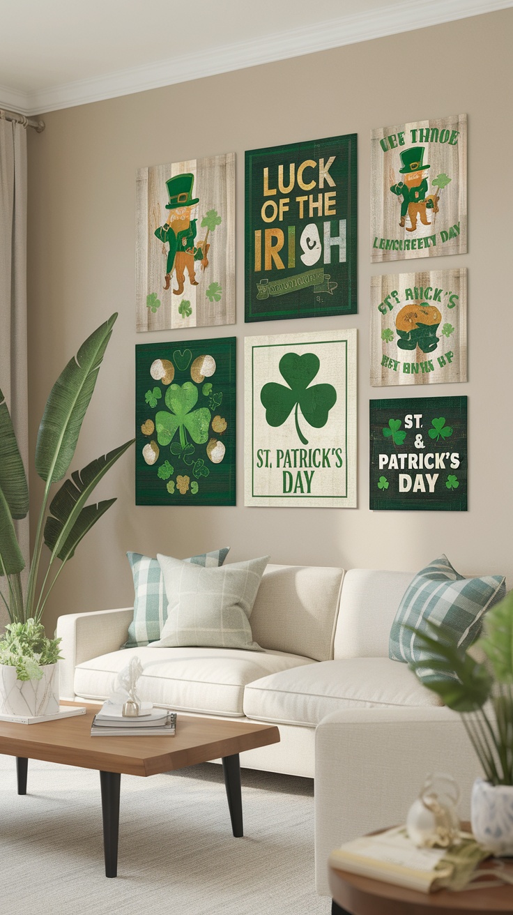 A collection of St. Patrick's Day themed wall art featuring quotes about luck and festive designs.