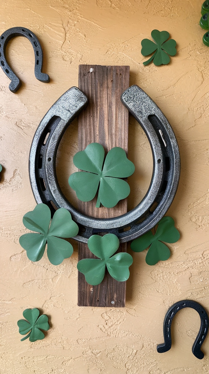 A rustic horseshoe attached to a wooden board, surrounded by green shamrocks, symbolizing good luck for St. Patrick's Day.