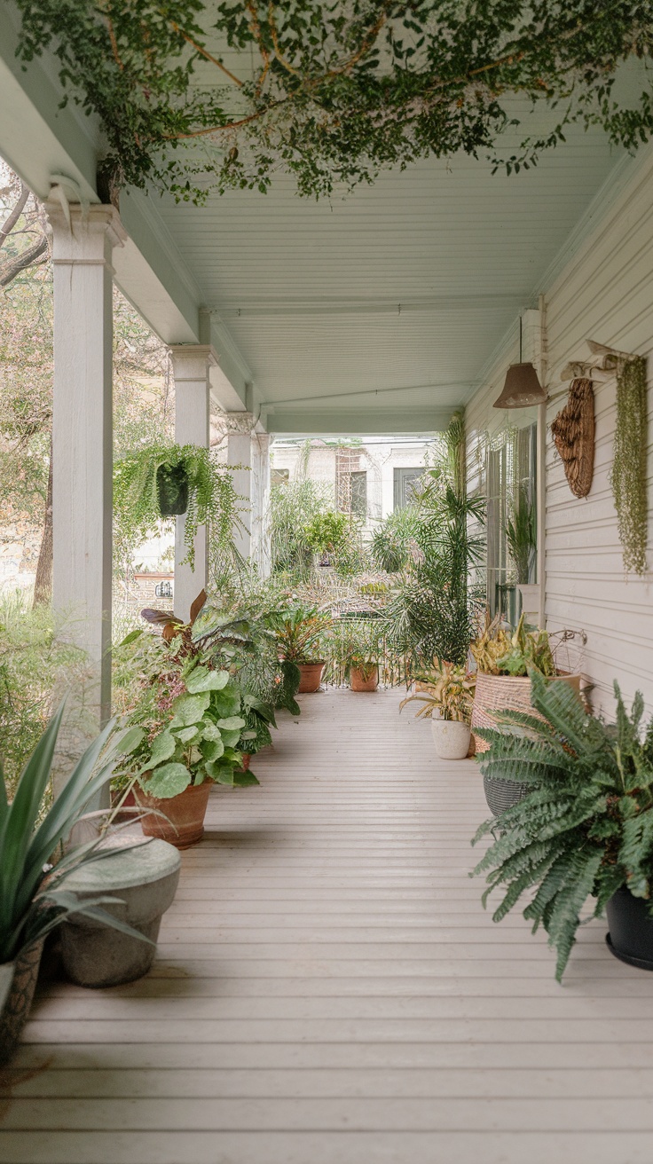 Cozy porch with lush greenery and potted plants