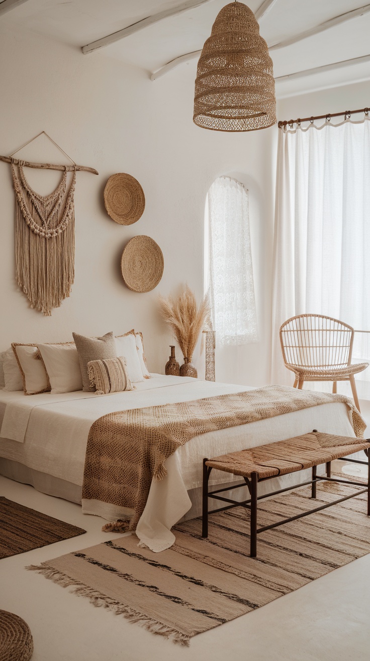 A boho coastal bedroom featuring macrame and woven decor