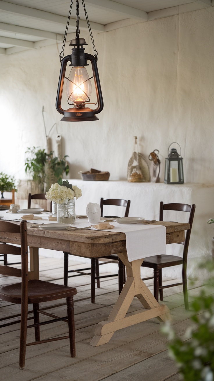 A rustic lantern-style light fixture hanging over a wooden dining table in a bright room.