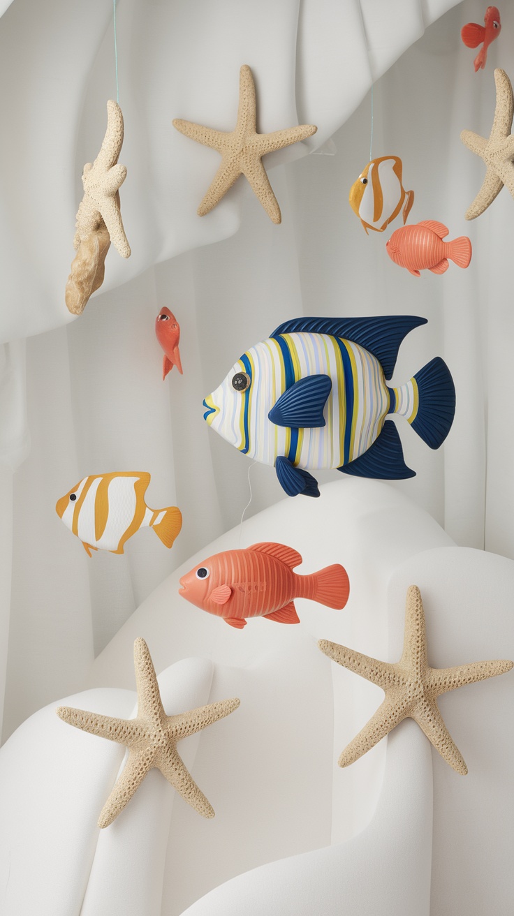 Decorative marine life accents including colorful fish and starfish