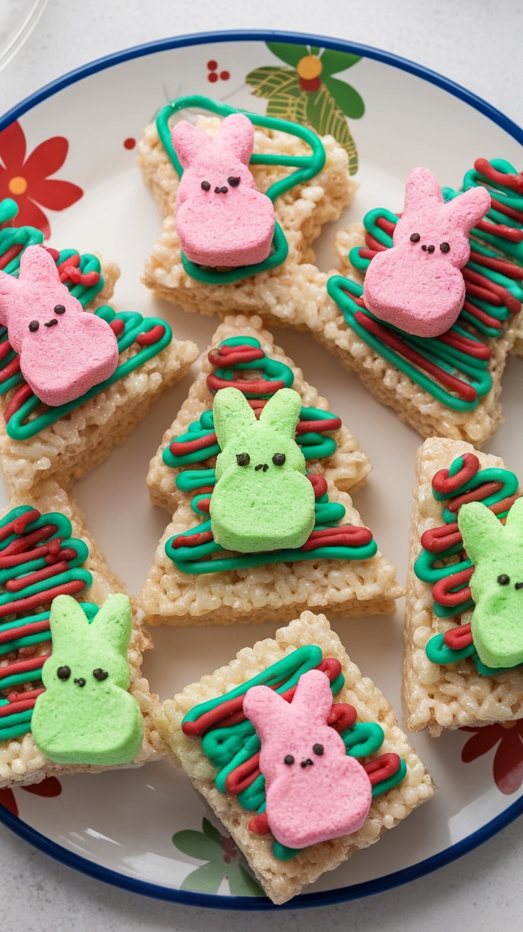 A plate of festive Rice Krispie Treats decorated with colorful Marshmallow Peeps for Easter.