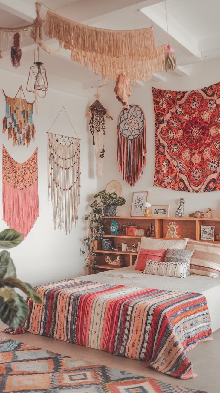 A cozy beachy boho bedroom decorated with vibrant textiles and wall hangings.