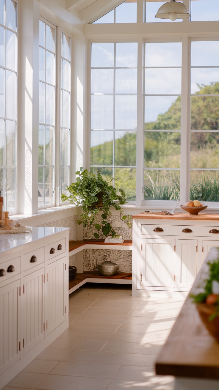 Bright coastal kitchen with large windows and greenery.