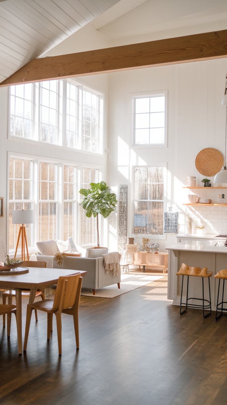 Bright and airy modern farmhouse living space with large windows and indoor plants.