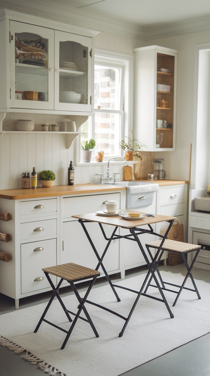 A small cottage kitchen featuring a wooden table and foldable chairs.