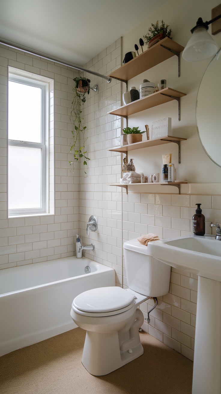 A small bathroom featuring a bathtub, toilet, and shelves on the wall with plants and toiletries.