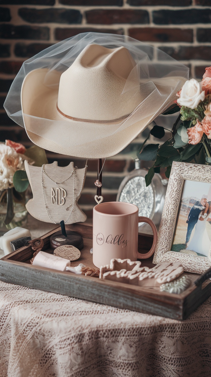 A display of bachelorette keepsakes including a cowboy hat with veil, a pink mug, and a necklace on a wooden tray.