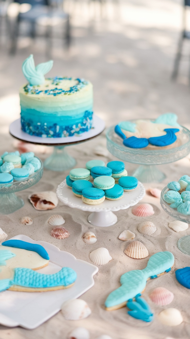 Mermaid-themed desserts including a multi-layered blue and green cake, decorated cookies, macarons, and seashells on a sandy table setting.