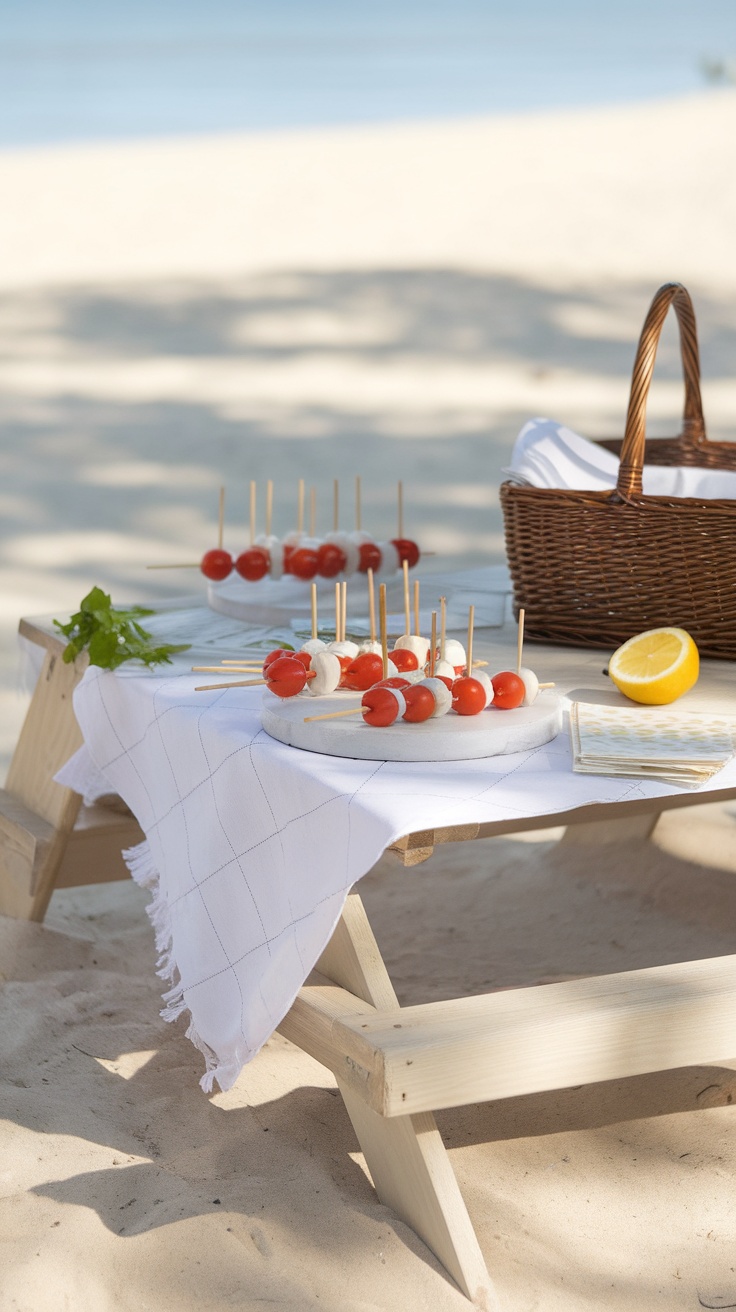 A plate of mini Caprese skewers with cherry tomatoes, mozzarella, and basil on a beach picnic table.