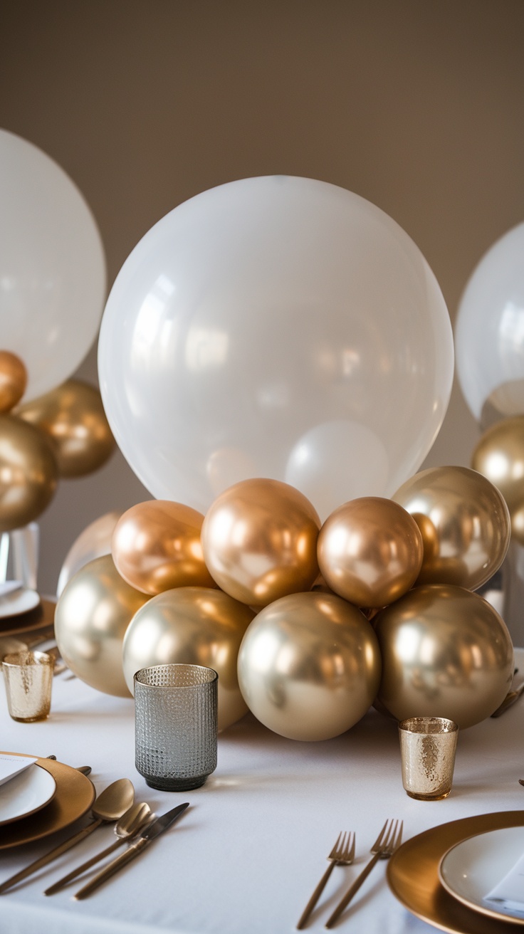 A table setting featuring minimalist balloon centerpieces in gold and white.